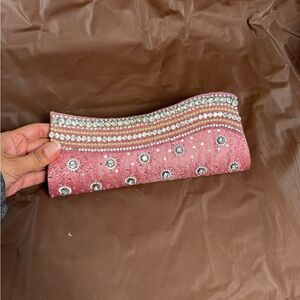Embellished Pink Clutch with Rhinestones & Pearl Details